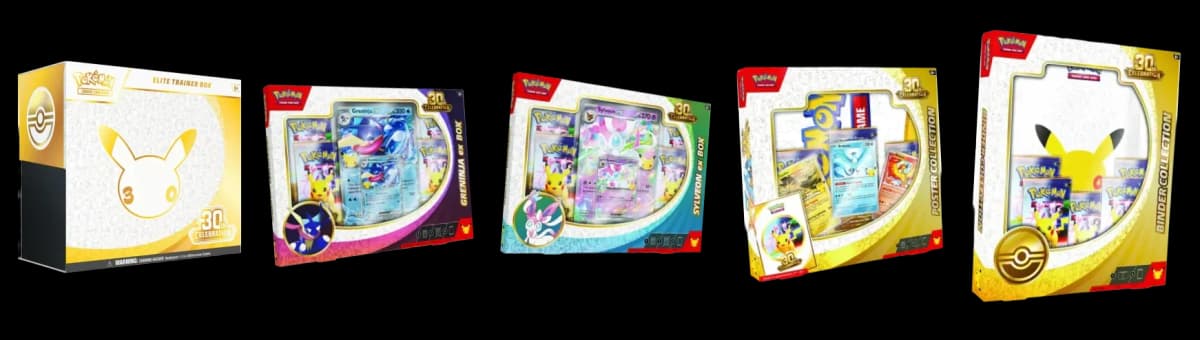 Пять продуктов 30th Celebration в предзаказе в Kira Cards: Elite Trainer Box, Greninja ex Box, Sylveon ex Box, Poster Collection и Binder Collection