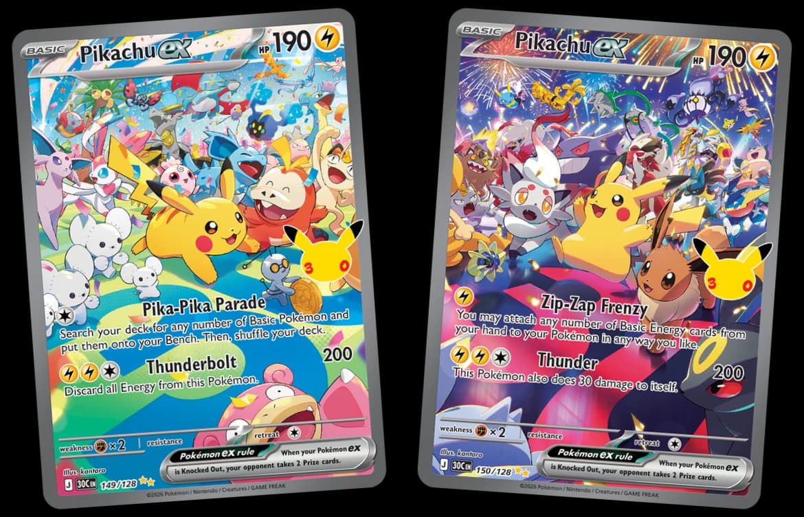 Две секретные иллюстрированные редкости Pikachu ex, 149/128 Pika-Pika Parade и 150/128 Zip-Zap Frenzy, дневная и ночная пара