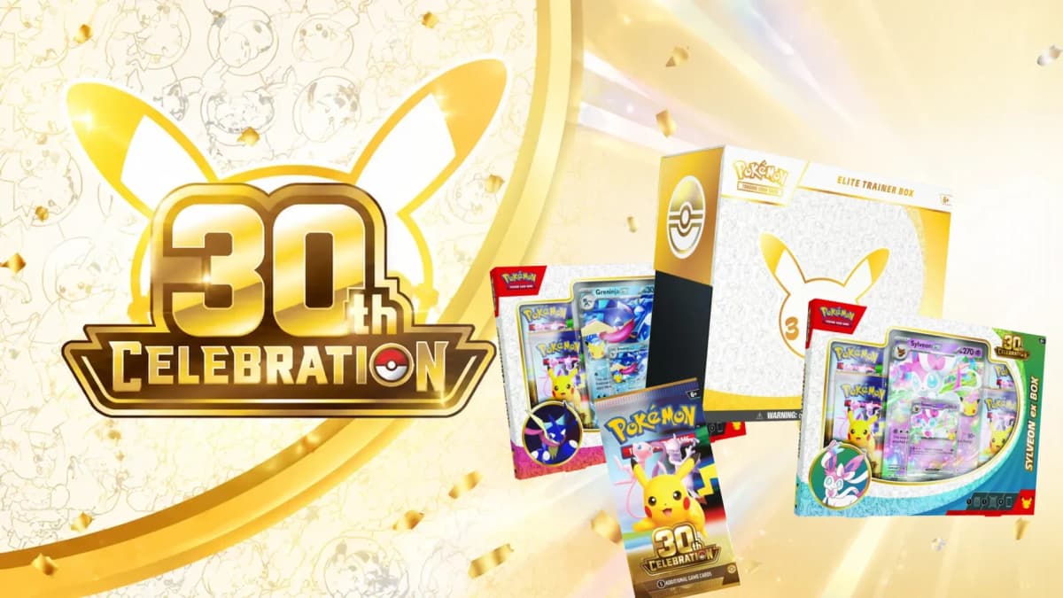 Логотип Pokemon 30th Celebration с Elite Trainer Box, наборами Greninja ex и Sylveon ex и бустером Classic Collection