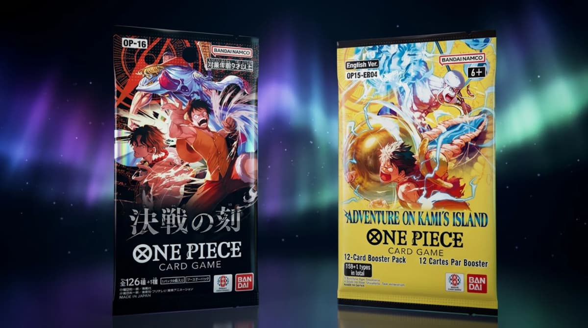 Japanese One Piece booster pack alongside English One Piece counterpart for comparison