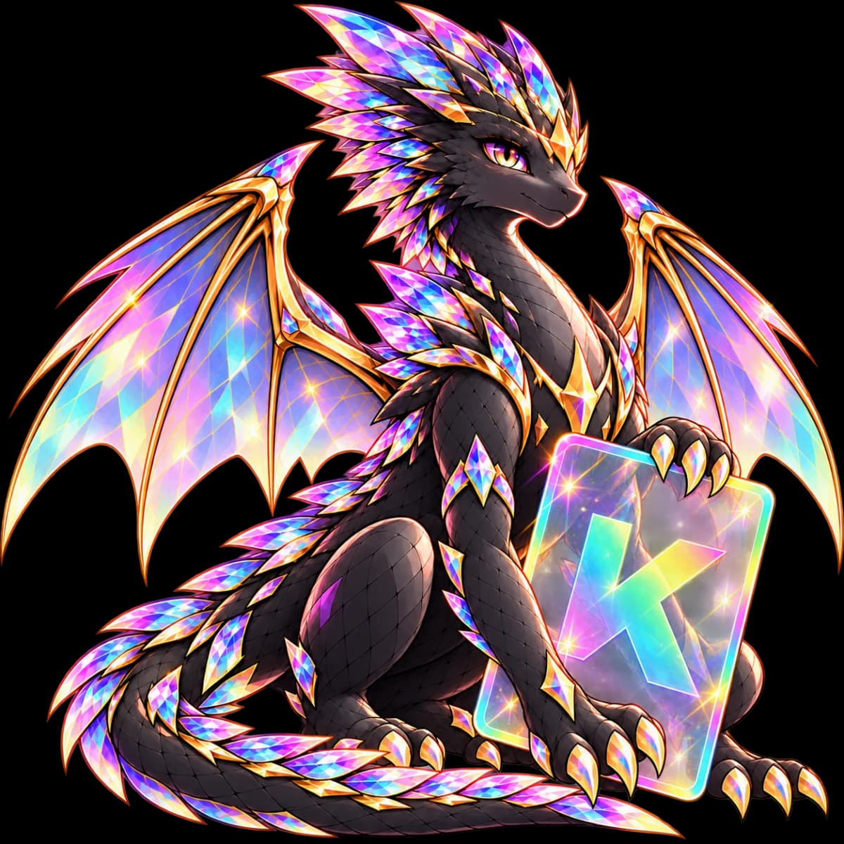 Kira, the Kira Cards dragon, holding a holographic K card